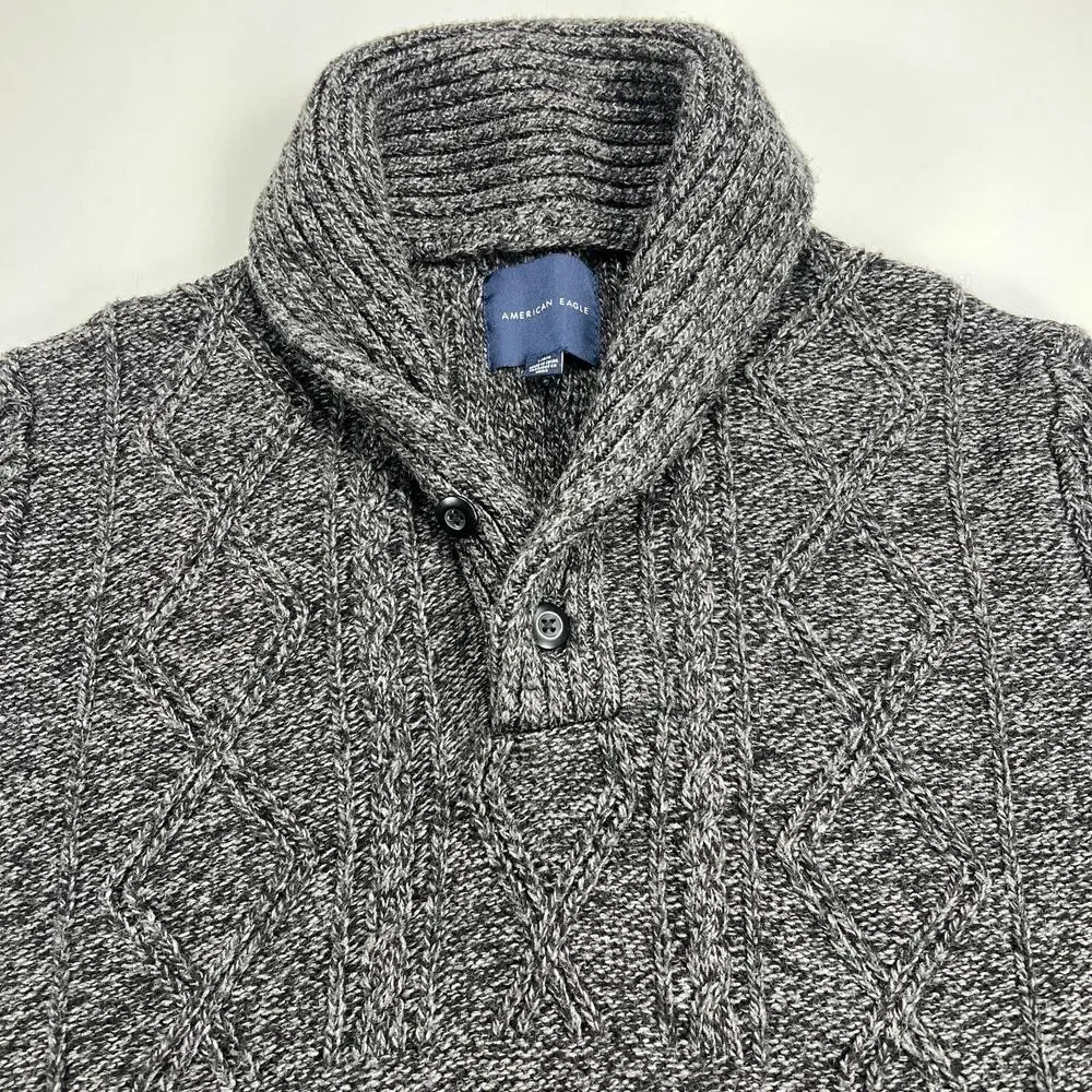 American Eagle Heathered Gray Shawl Collar Sweater Cable Knit Accents Size L